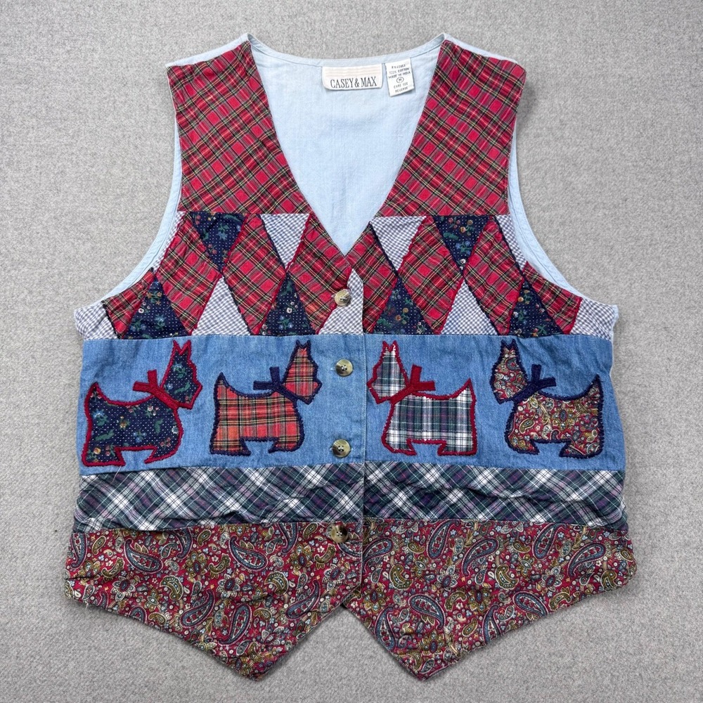Vintage 90s Casey & Max Patchwork Vest Womens M Scottish Terrier Scotty Dog FLAW